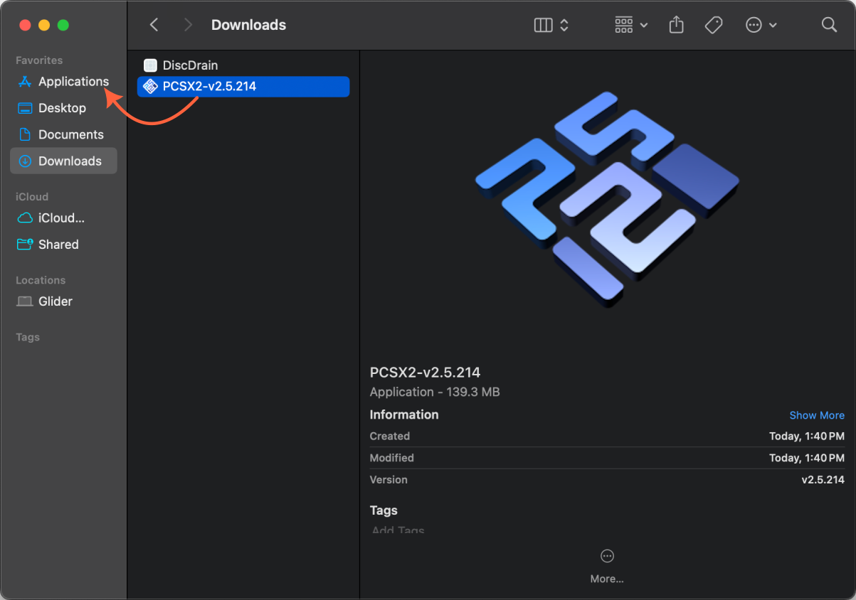 The macOS file manager Finder is opened to the Downloads folder, which contains a PCSX2 application bundle. An arrow points from the PCSX2 application bundle in the Downloads folder to the Applications folder in the left-hand sidebar, indicating the former should be dragged and dropped into the latter. The right-hand side of the window shows information about the application bundle, including its version and size.