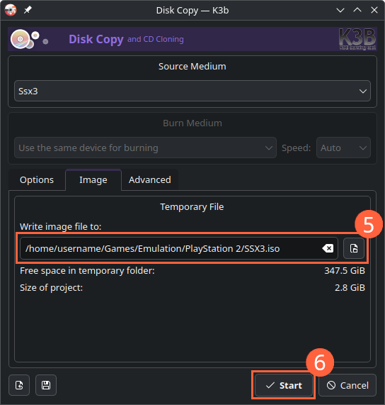 The K3b window called Disc Copy on the tab called Image, where the user can select an output path for the disc dump (step 5). There is a Start button on the bottom-right (step 6).