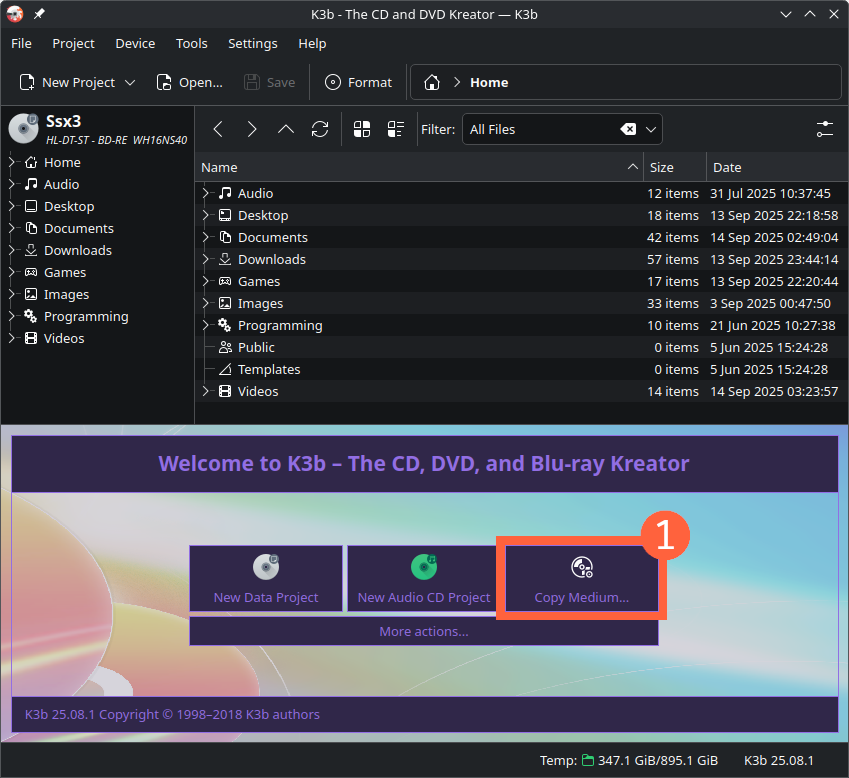 The landing page for the application K3b. A file manager is shown in the top, and near the bottom-right, there is a functionality called Copy Medium..., which is used for the disc dumping process (step 1).