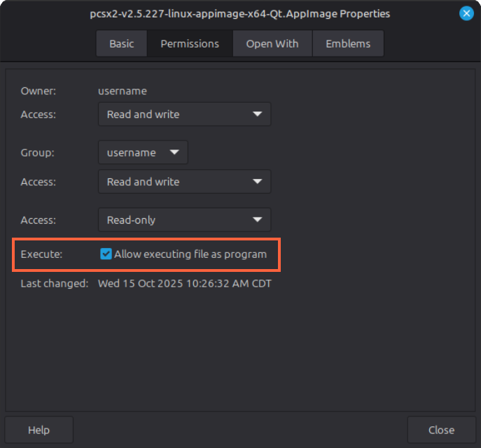 The Cinnamon properties window for PCSX2.AppImage. The option Allow executing file as program is toggled on.