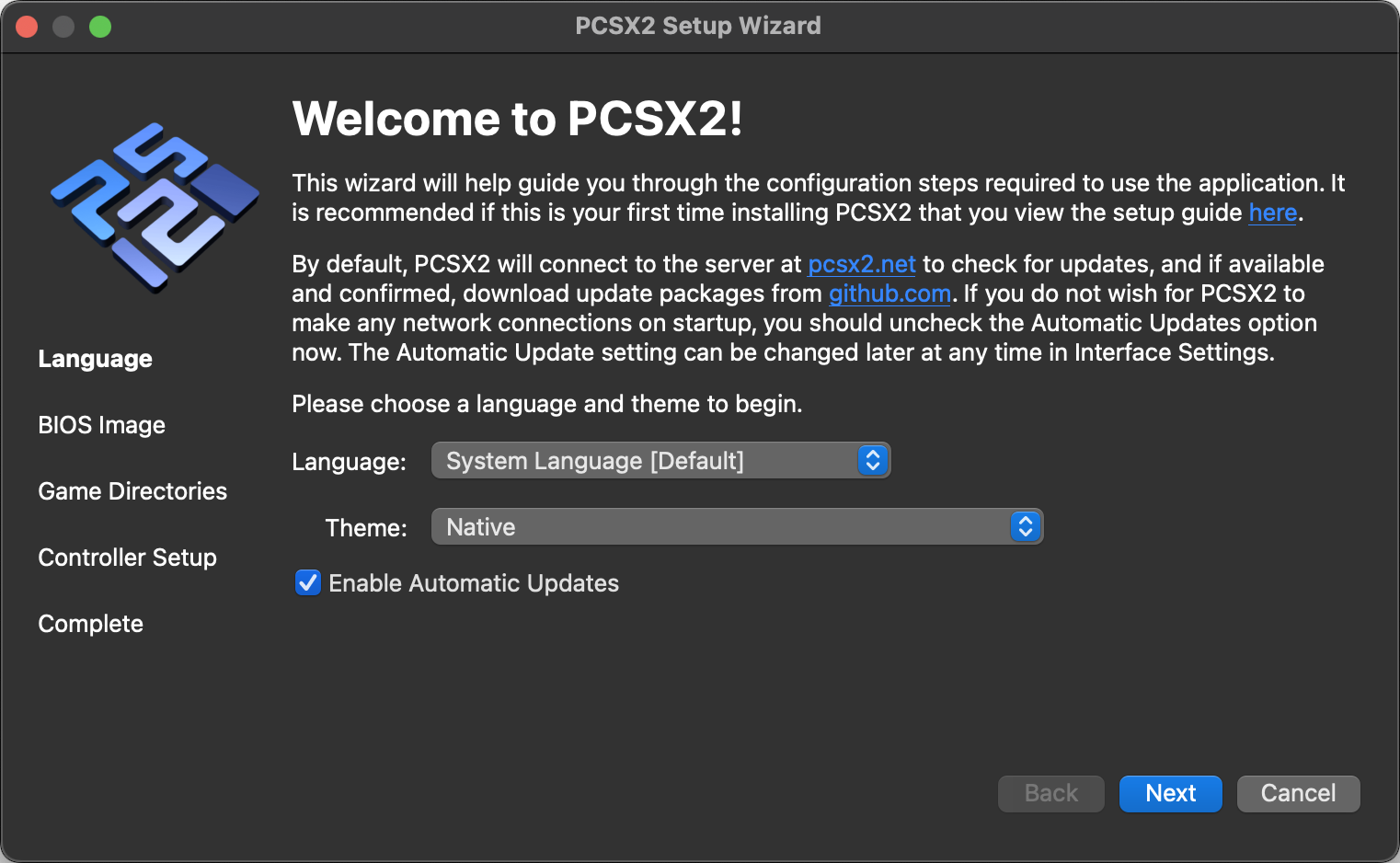 The first page of the PCSX2 setup wizard on macOS 15, headlined, Welcome to PCSX2!. The options shown are Language, Theme, and Enable Automatic Updates.